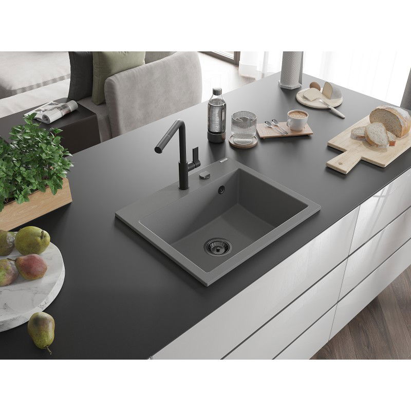Mexen Oscar lava-loiça de granito de 1 câmara 580 x 490 mm, cinza, sifão preto - 6519581000-71-B