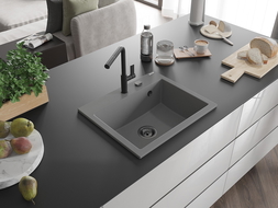 Mexen Oscar Granitspüle 1-Becken 580 x 490 mm, grau, schwarzer Siphon - 6519581000-71-B
