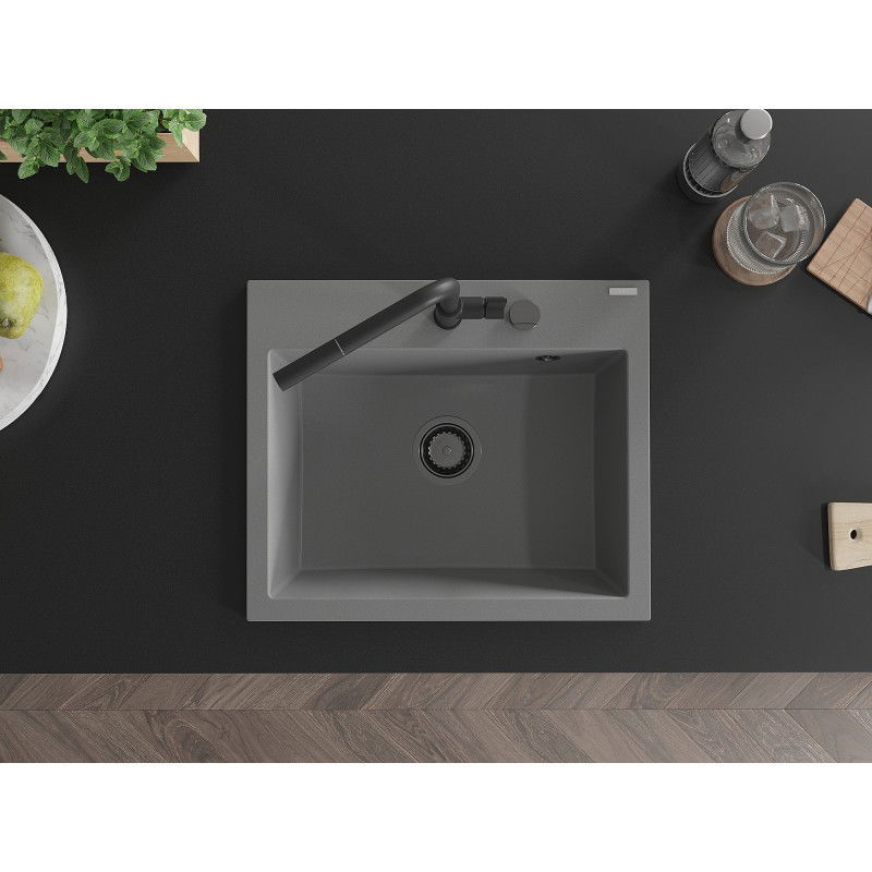 Mexen Oscar νεροχύτης γρανίτης 1-θάλαμος 580 x 490 mm, γκρι, σιφόνι μαύρο