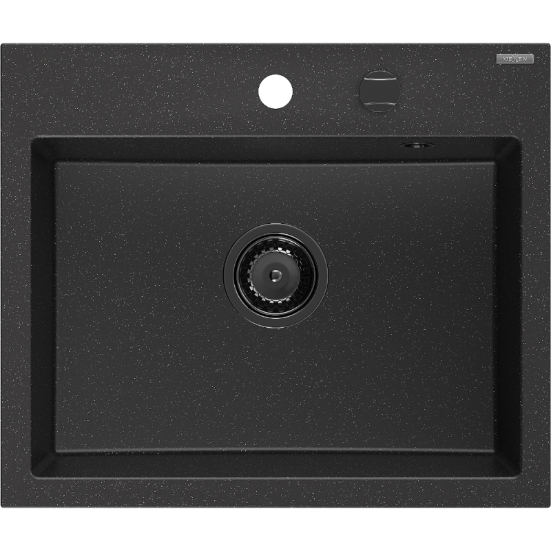 Mexen Oscar Granitspüle 1-becken 580 x 490 mm, schwarz/silber metallic, schwarzer Siphon - 6519581000-73-B