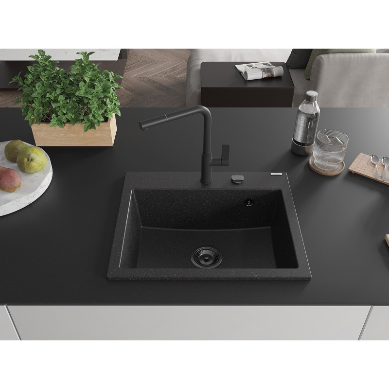 Mexen Oscar fregadero de granito de 1 cubeta 580 x 490 mm, negro/metálico plateado, sifón negro - 6519581000-73-B