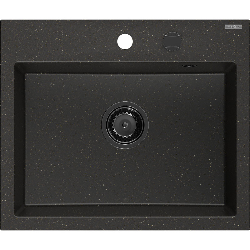 Mexen Oscar fregadero de granito de 1 compartimento 580 x 490 mm, negro/dorado metálico, sifón negro - 6519581000-75-B
