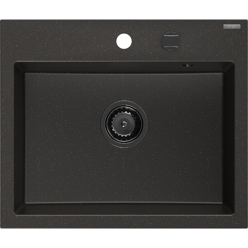 Mexen Oscar granitdiskbänk 1-fack 580 x 490 mm, svart/guld metallic, svart bottenventil - 6519581000-75-B