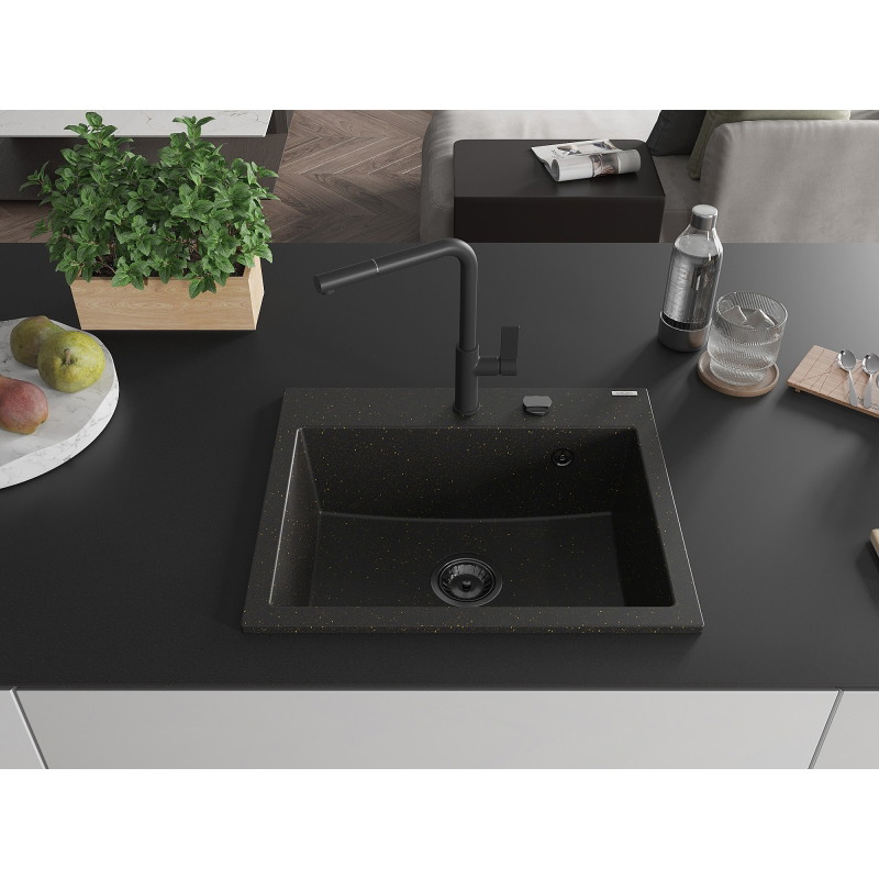 Mexen Oscar fregadero de granito de 1 compartimento 580 x 490 mm, negro/dorado metálico, sifón negro - 6519581000-75-B