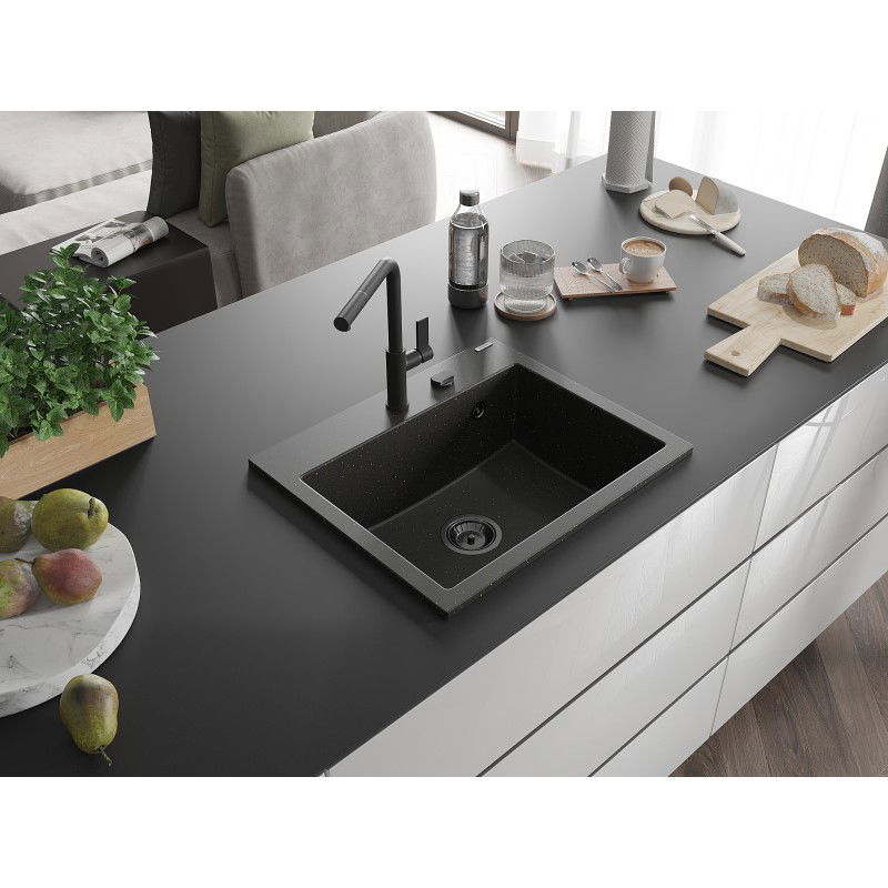 Mexen Oscar fregadero de granito de 1 seno 580 x 490 mm, negro/dorado metálico, sifón negro - 6519581000-75-B