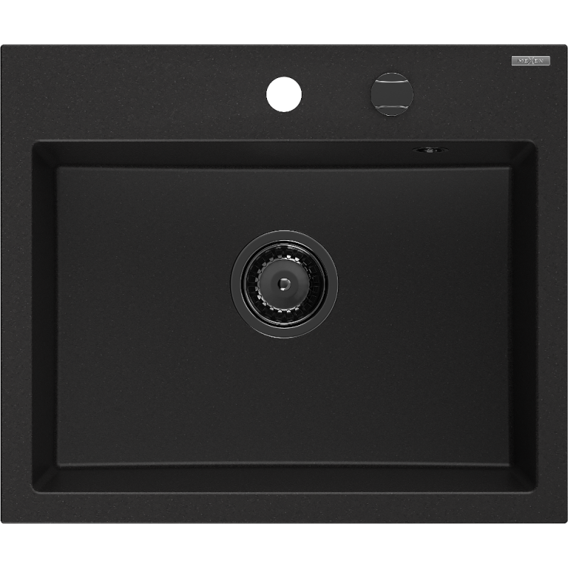 Mexen Oscar fregadero de granito de 1 seno 580 x 490 mm, negro, sifón negro - 6519581000-77-B