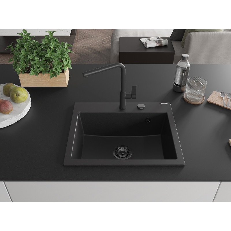 Mexen Oscar Granitspüle 1-beckig 580 x 490 mm, schwarz, schwarze Ablaufgarnitur - 6519581000-77-B