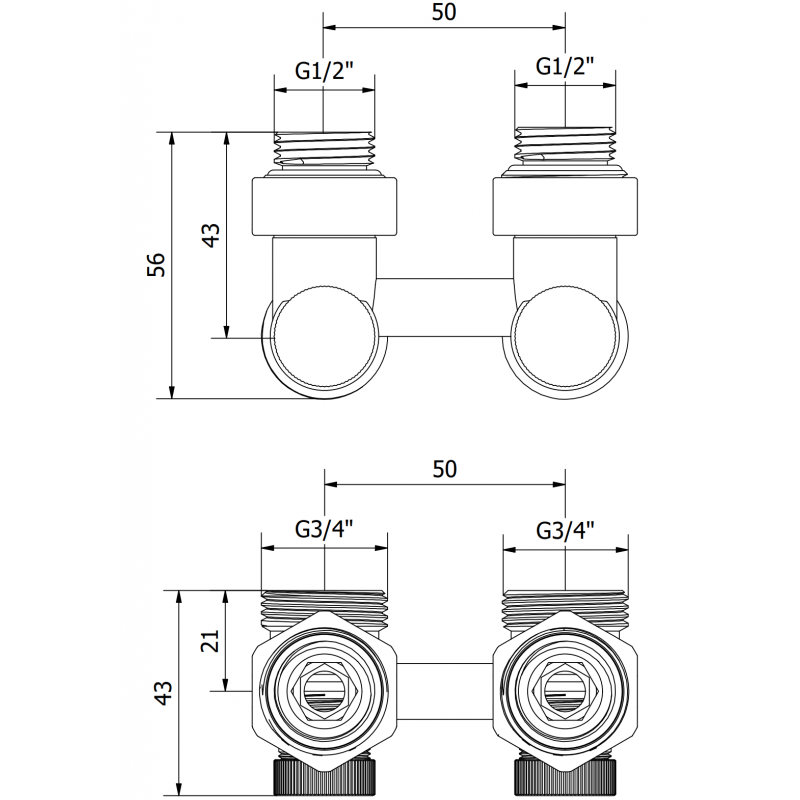 Mexen Uni-Term dual-pipe radiator valve DN50, angled 1/2"x3/4", nickel - W911-012-01