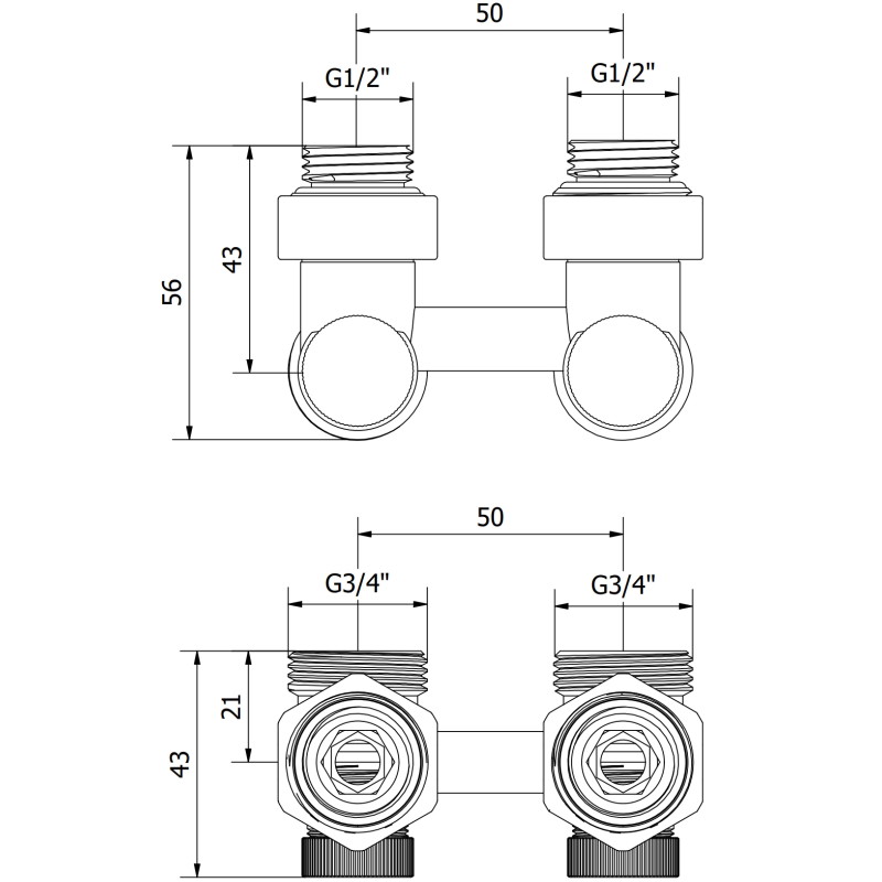 Mexen Uni-Term kahe toruga radiaatoriklapp DN50, nurkne 1/2"x3/4", nikkel - W911-012-01