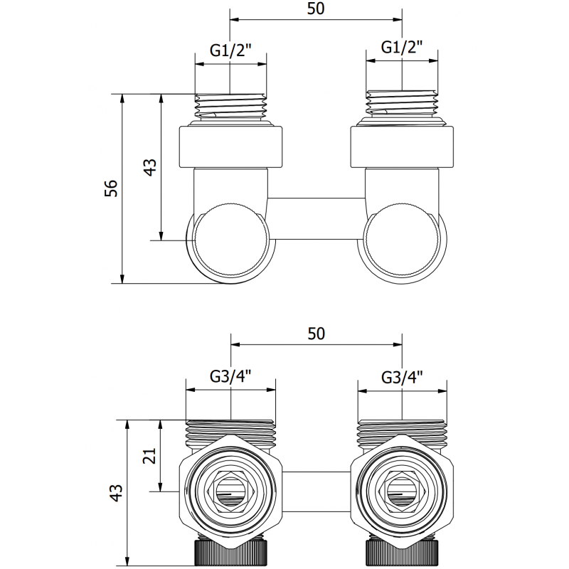 Mexen Uni-Term kaksiputkinen DN50 lämmityspatteriventtiili, kulmamalli 1/2"x3/4", nikkeli - W911-012-01