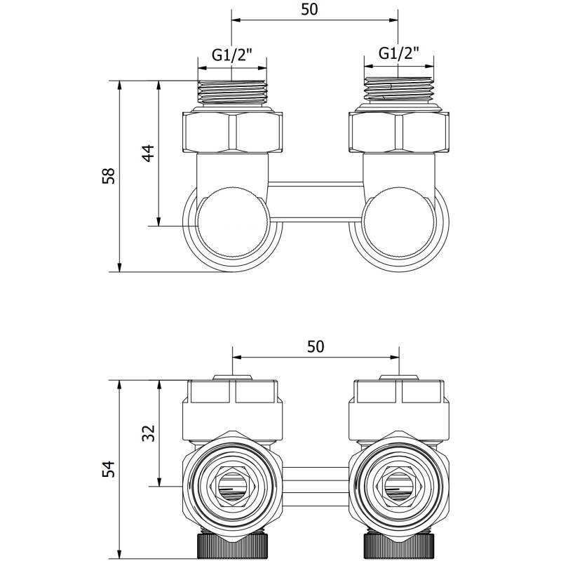 Mexen Uni-Term kahe toruga radiaatoriklapp DN50, nurkne 1/2"x16 mm, nikkel - W911-016-01