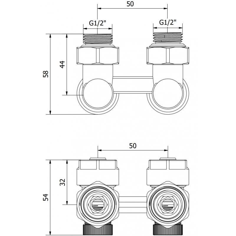 Mexen Uni-Term tvårörs radiatorkran DN50, vinklad 1/2"x16 mm, nickel - W911-016-01