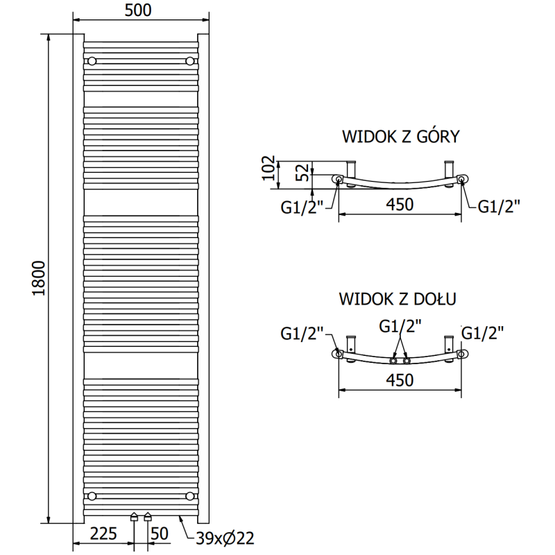 Mexen Ares grzejnik łazienkowy 1800 x 500 mm, 647 W, złoty - W102-1800-500-00-50