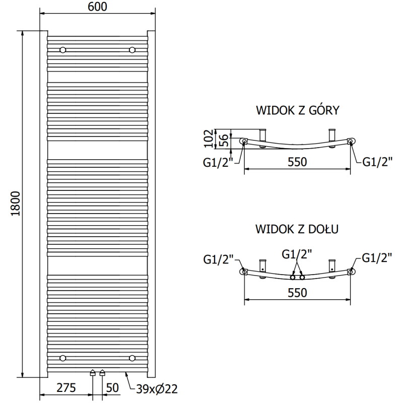 Mexen Ares vannitoa radiaator 1800 x 600 mm, 958 W, antratsiit - W102-1800-600-00-66