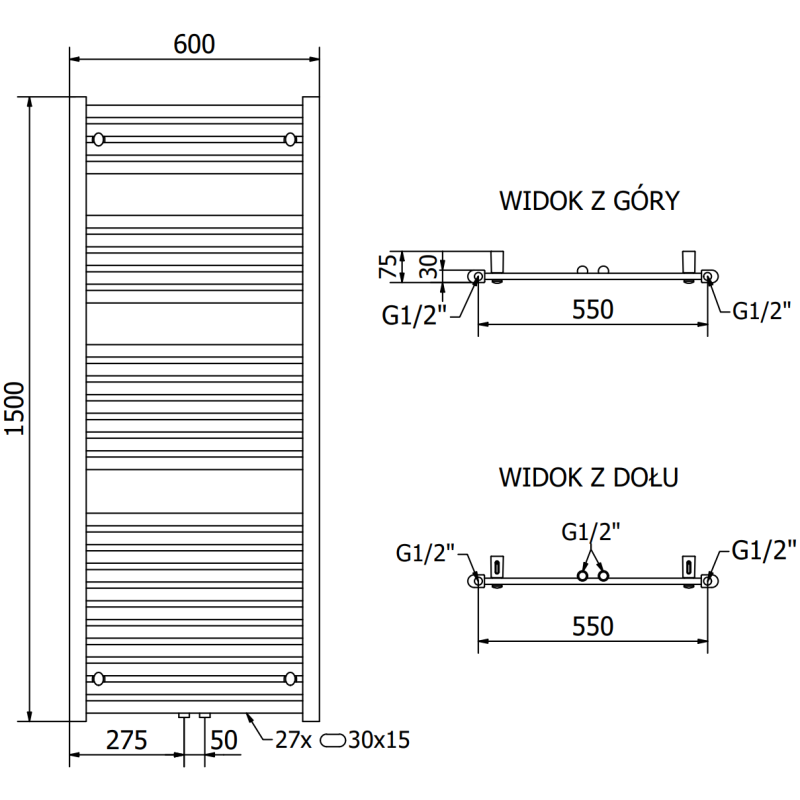 Mexen Hades grzejnik łazienkowy 1500 x 600 mm, 812 W, antracyt - W104-1500-600-00-66