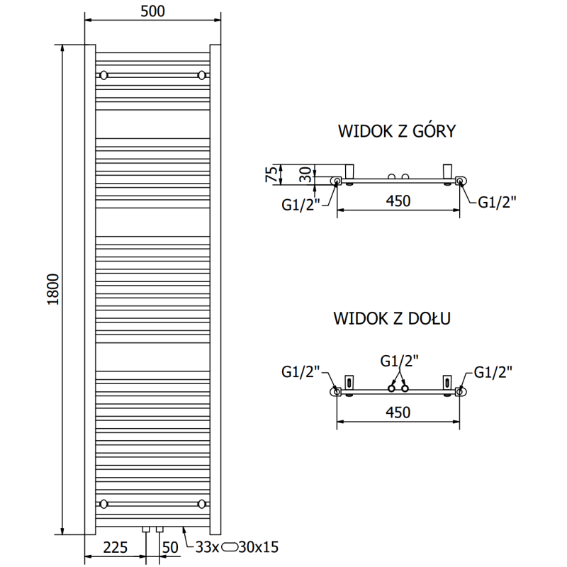 Mexen Hades Badezimmerheizkörper 1800 x 500 mm, 854 W, Anthrazit - W104-1800-500-00-66