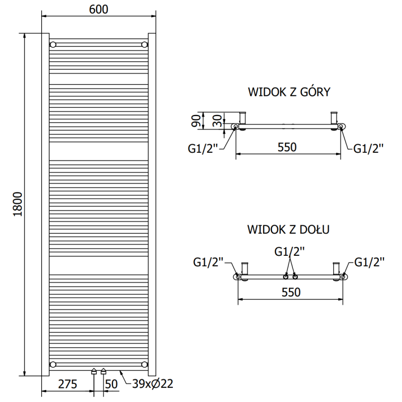 Mexen Mars grzejnik łazienkowy 1500 x 600 mm, 729 W, antracyt   - W110-1500-600-00-66