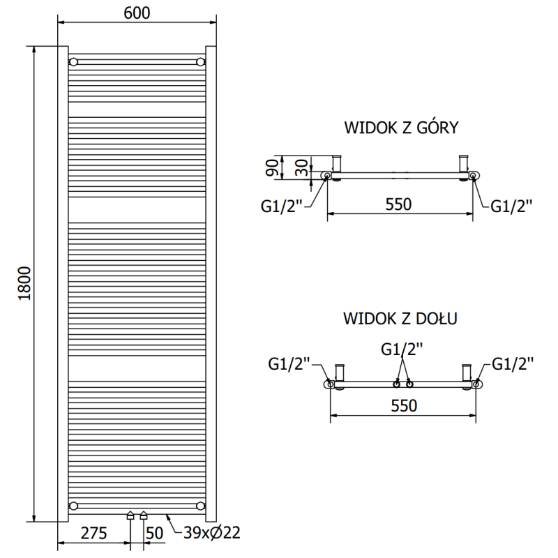 Mexen Mars grzejnik łazienkowy 1800 x 600 mm, 953 W, antracyt - W110-1800-600-00-66