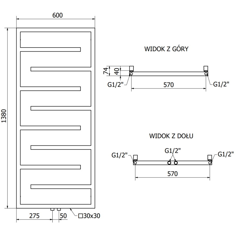 Mexen Orlando grzejnik dekoracyjny 1380 x 600 mm, 445 W, antracyt - W207-1380-600-00-66