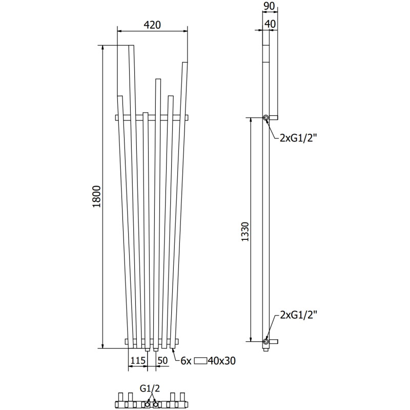 Mexen Omaha dekoratiivne radiaator 1800 x 420 mm, 655 W, antratsiit - W208-1800-420-00-66
