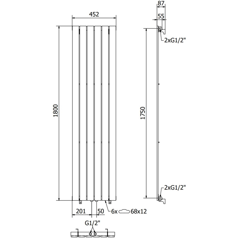 Mexen Boston dekoratiivne radiaator 1800 x 452 mm, 888 W, antratsiit - W213-1800-452-00-66