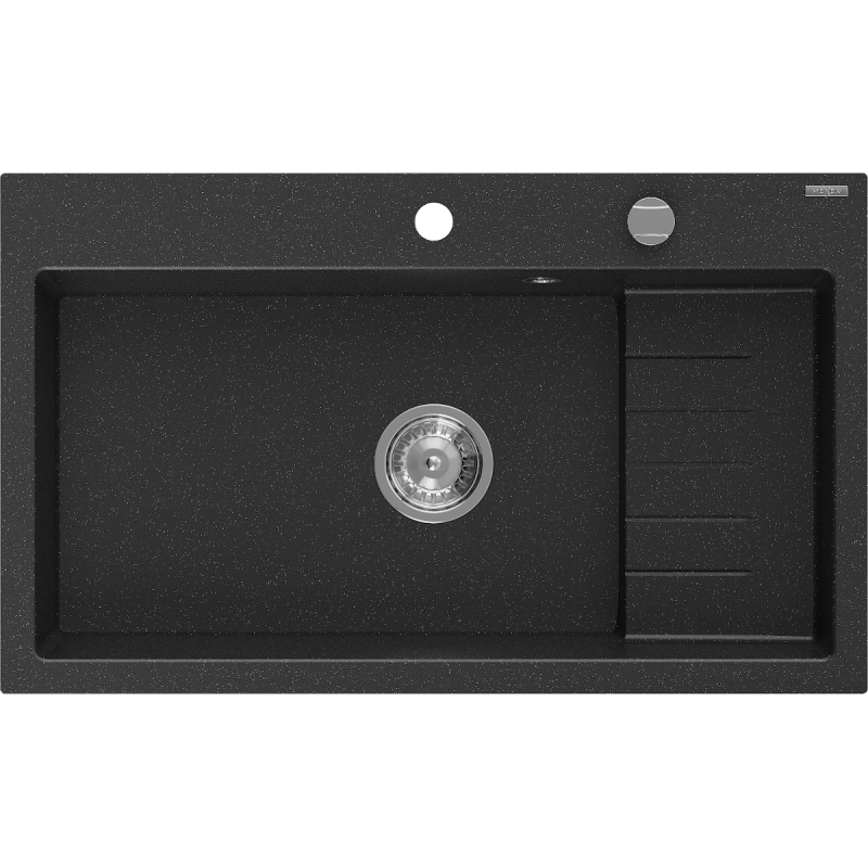 Mexen Omar granieten gootsteen 1-komor 800 x 480 mm, zwart/zilveren metallic, chromen sifon - 6520801005-73