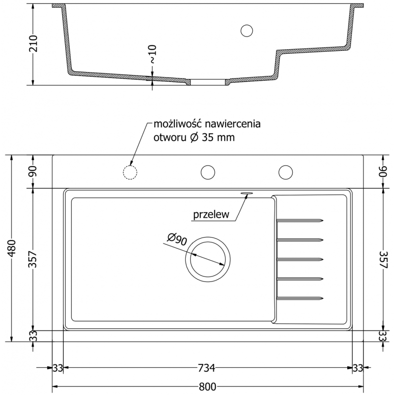 Mexen Omar zlewozmywak granitowy 1-komorowy 800 x 480 mm, czarny/złoty metalik, syfon chrom - 6520801005-75