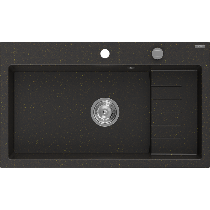 Mexen Omar 1-bowl Granite Sink 800 x 480 mm, Black/Gold Metallic, Chrome Siphon - 6520801005-75