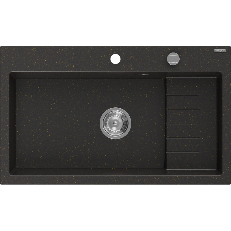 Mexen Omar granieten spoelbak met 1 bak 800 x 480 mm, zwart/goud metallic, chroom sifon - 6520801005-75
