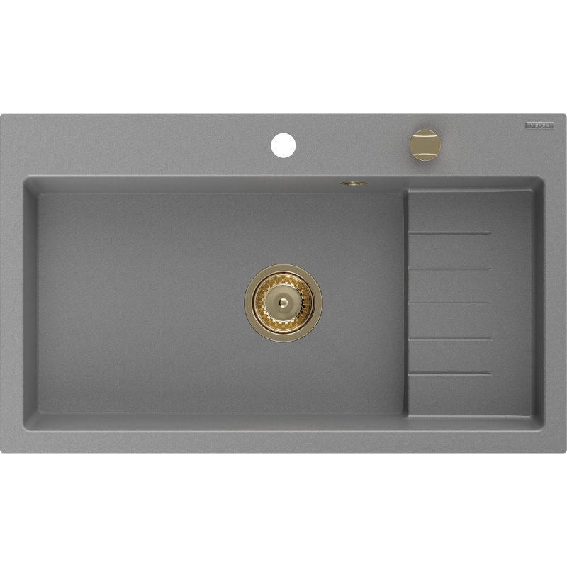 Mexen Omar lavello da cucina in granito ad 1 vasca 800 x 480 mm, grigio, sifone dorato - 6520801005-71-G