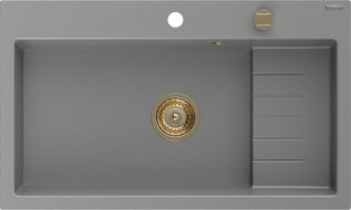 Mexen Omar lavello da cucina in granito ad 1 vasca 800 x 480 mm, grigio, sifone dorato - 6520801005-71-G