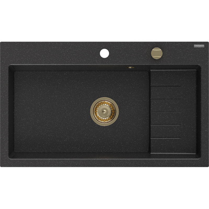 Mexen Omar fregadero de granito de 1 cubeta 800 x 480 mm, negro/plateado metálico, sifón dorado - 6520801005-73-G