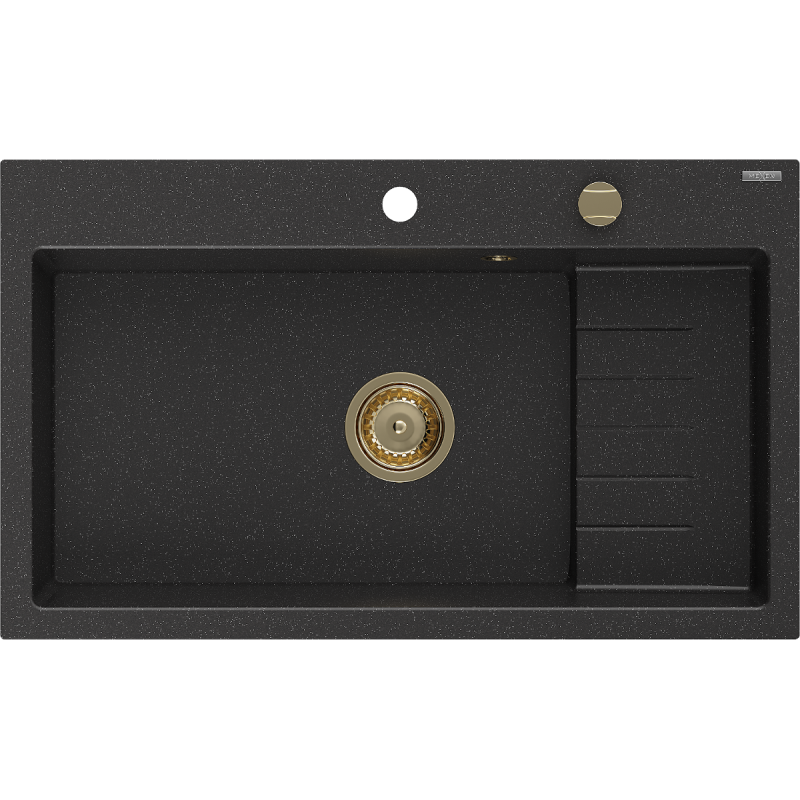 Mexen Omar granieten gootsteen 1-komorowy 800 x 480 mm, zwart/zilveren metallic, gouden sifon - 6520801005-73-G