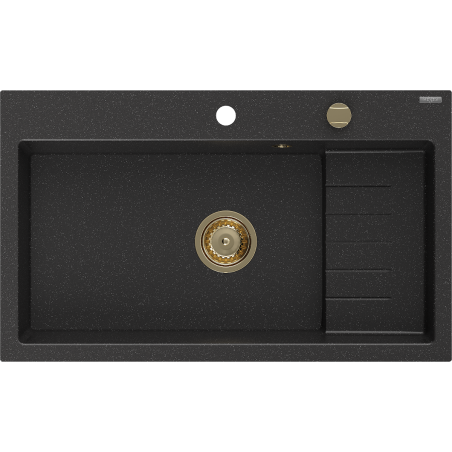 Mexen Omar fregadero de granito de 1 cubeta 800 x 480 mm, negro/plateado metálico, sifón dorado - 6520801005-73-G