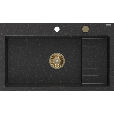 Mexen Omar granieten gootsteen 1-komorowy 800 x 480 mm, zwart/zilveren metallic, gouden sifon - 6520801005-73-G