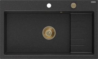 Mexen Omar Granitspüle 1-Becken 800 x 480 mm, schwarz/silber metallic, Siphon gold - 6520801005-73-G