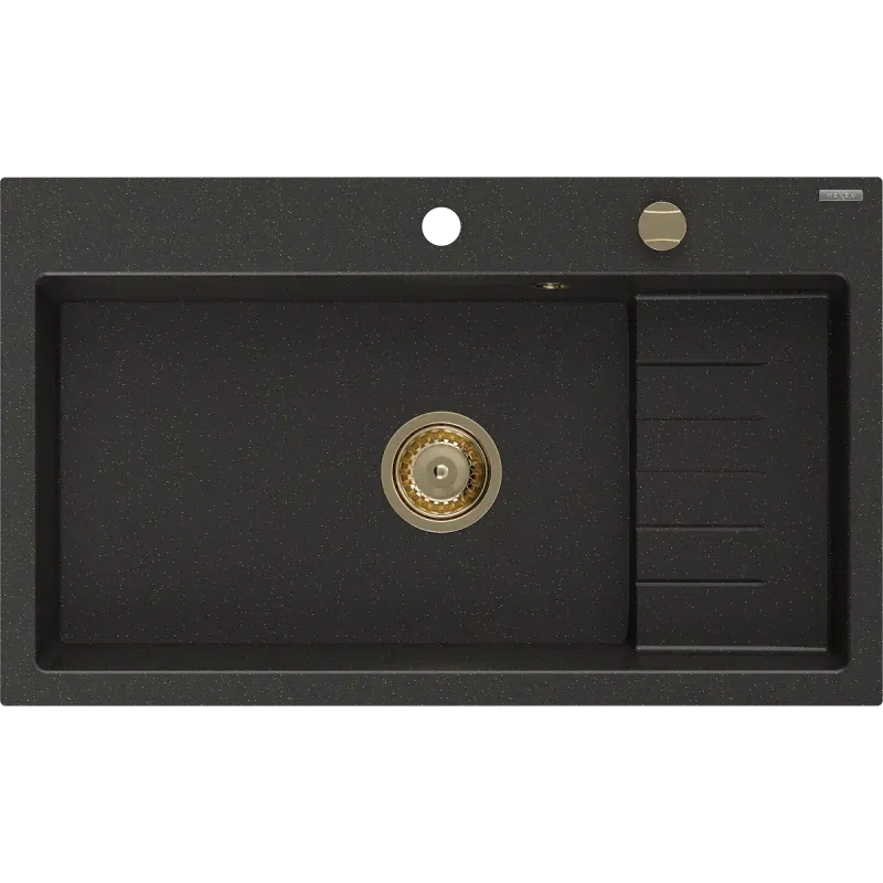 Mexen Omar évier en granit 1 bac 800 x 480 mm, noir/doré métallisé, siphon doré - 6520801005-75-G