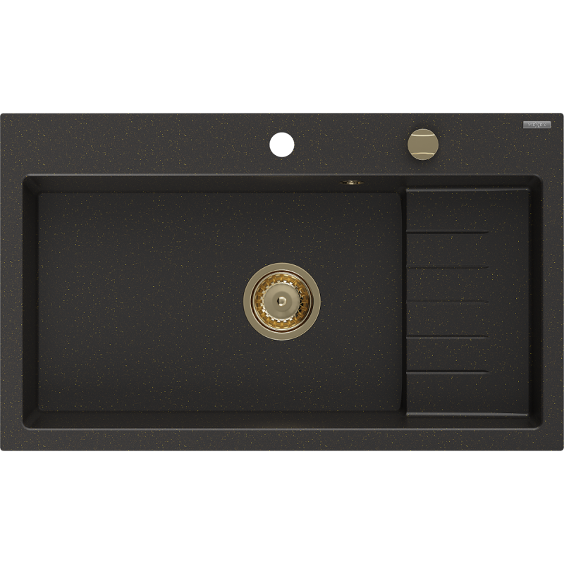 Mexen Omar Granitspüle 1-becken 800 x 480 mm, schwarz/gold metallic, goldener Siphon - 6520801005-75-G