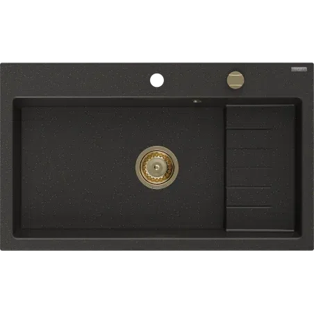 Mexen Omar évier en granit 1 bac 800 x 480 mm, noir/doré métallisé, siphon doré - 6520801005-75-G