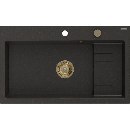 Mexen Omar Granitspüle 1-beckig 800 x 480 mm, schwarz/gold metallisch, goldener Siphon - 6520801005-75-G