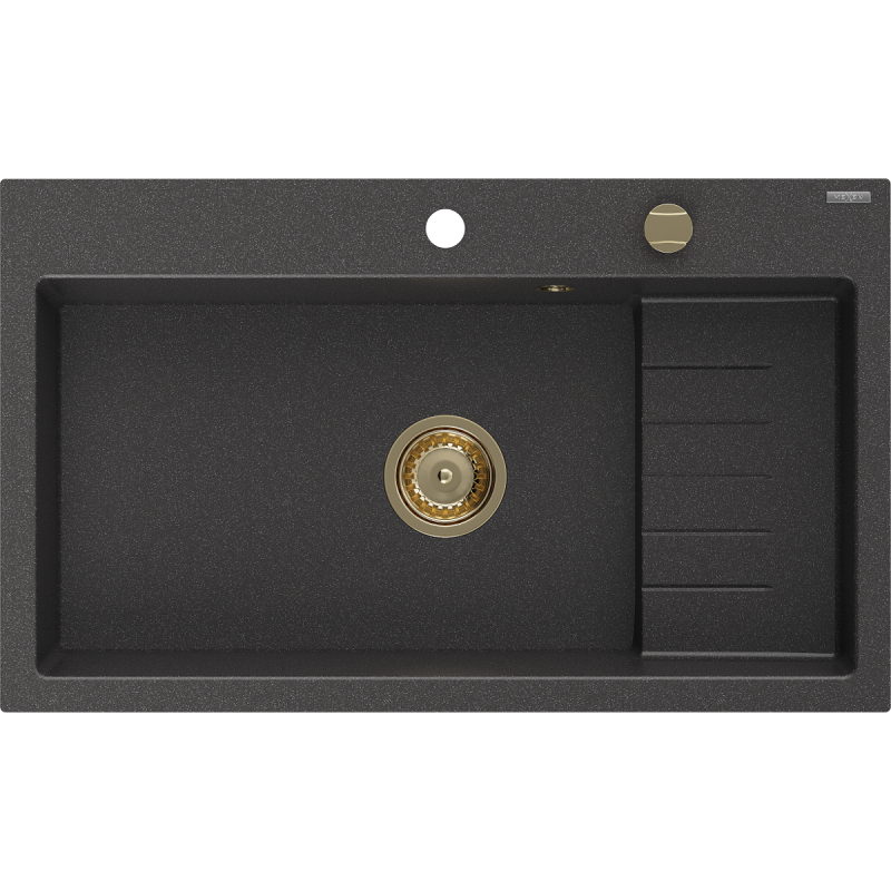 Mexen Omar fregadero de granito 1-cubeta 800 x 480 mm, negro moteado, sifón dorado - 6520801005-76-G