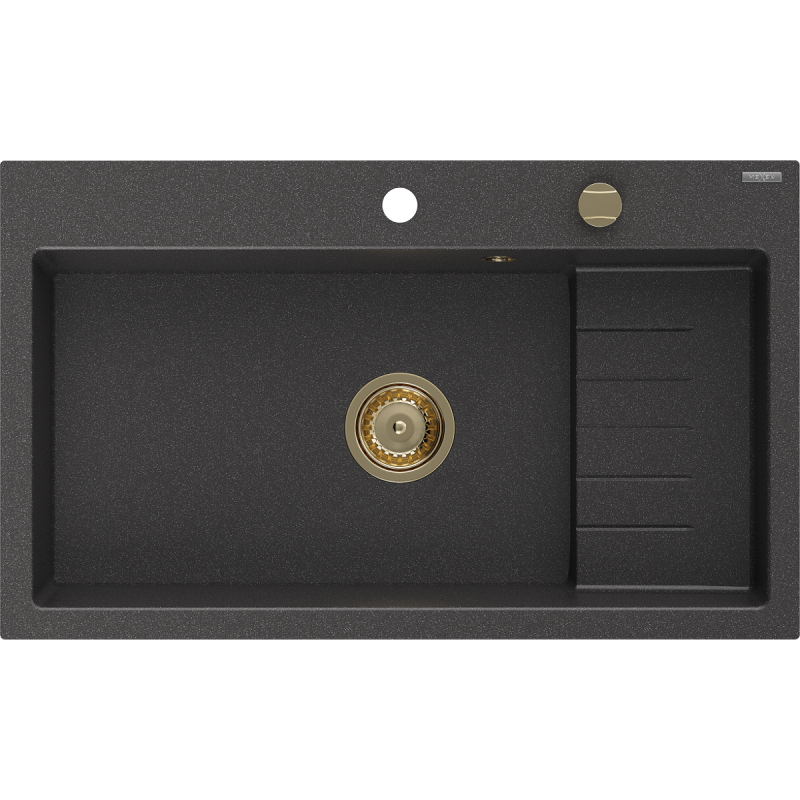 Mexen Omar lavello in granito a 1 vasca 800 x 480 mm, nero maculato, sifone dorato - 6520801005-76-G
