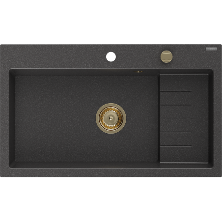 Mexen Omar 1-bowl granite kitchen sink 800 x 480 mm, black speckled, gold siphon - 6520801005-76-G