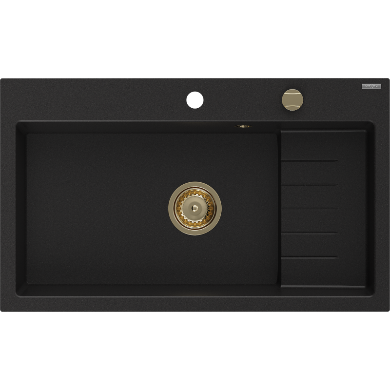Mexen Omar granit izlietne ar vienu nodalījumu 800 x 480 mm, melna, sifons zeltīts - 6520801005-77-G