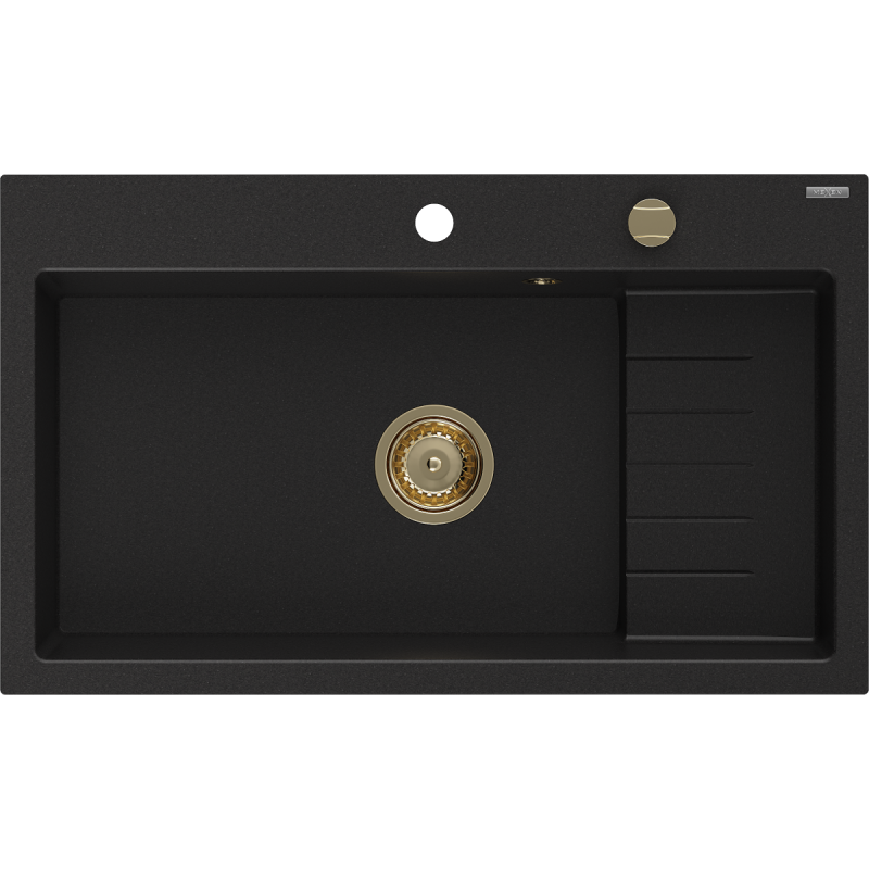 Mexen Omar lavello in granito 1 vasca 800 x 480 mm, nero, sifone dorato - 6520801005-77-G