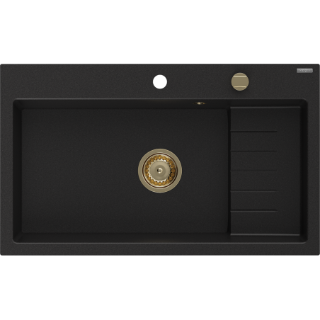 Mexen Omar fregadero de granito 1-cubeta 800 x 480 mm, negro, sifón dorado - 6520801005-77-G