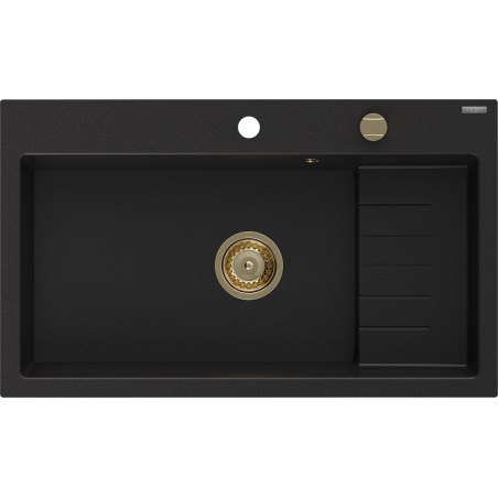 Mexen Omar granieten spoelbak 1-kamer 800 x 480 mm, zwart, gouden sifon - 6520801005-77-G