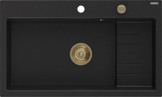 Mexen Omar granite sink single-bowl 800 x 480 mm, black, gold siphon - 6520801005-77-G