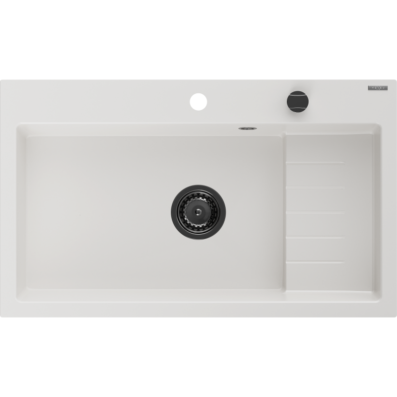 Mexen Omar Granitspüle 1-beckig 800 x 480 mm, weiß, schwarzer Siphon - 6520801005-20-B