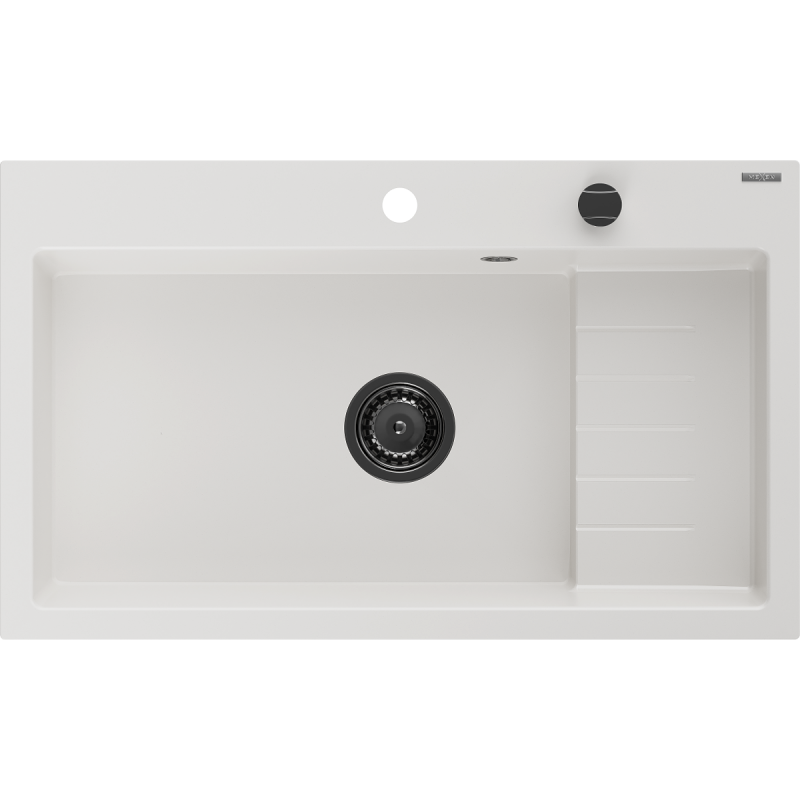 Mexen Omar lava-loiça de granito de 1-gaveta 800 x 480 mm, branco, sifão preto - 6520801005-20-B